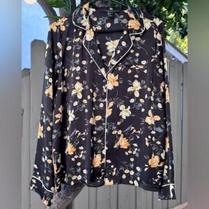 Forever 21 Contemporary Floral Pajama-Style Button Down – Black/Yellow Size L